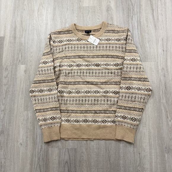 J Crew Supersoft Lambswool Fair Isle Sweater Men's Large Tan Brown Crewneck NEW